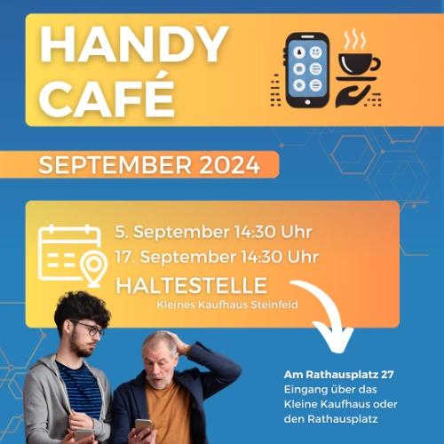 Das Werbebild fasst die nötigsten Informationen zusammen. Es sind zwei Personen zu sehen, eine jüngere, die einem älteren Herrn die Funktionen des Smartphones zeigt.