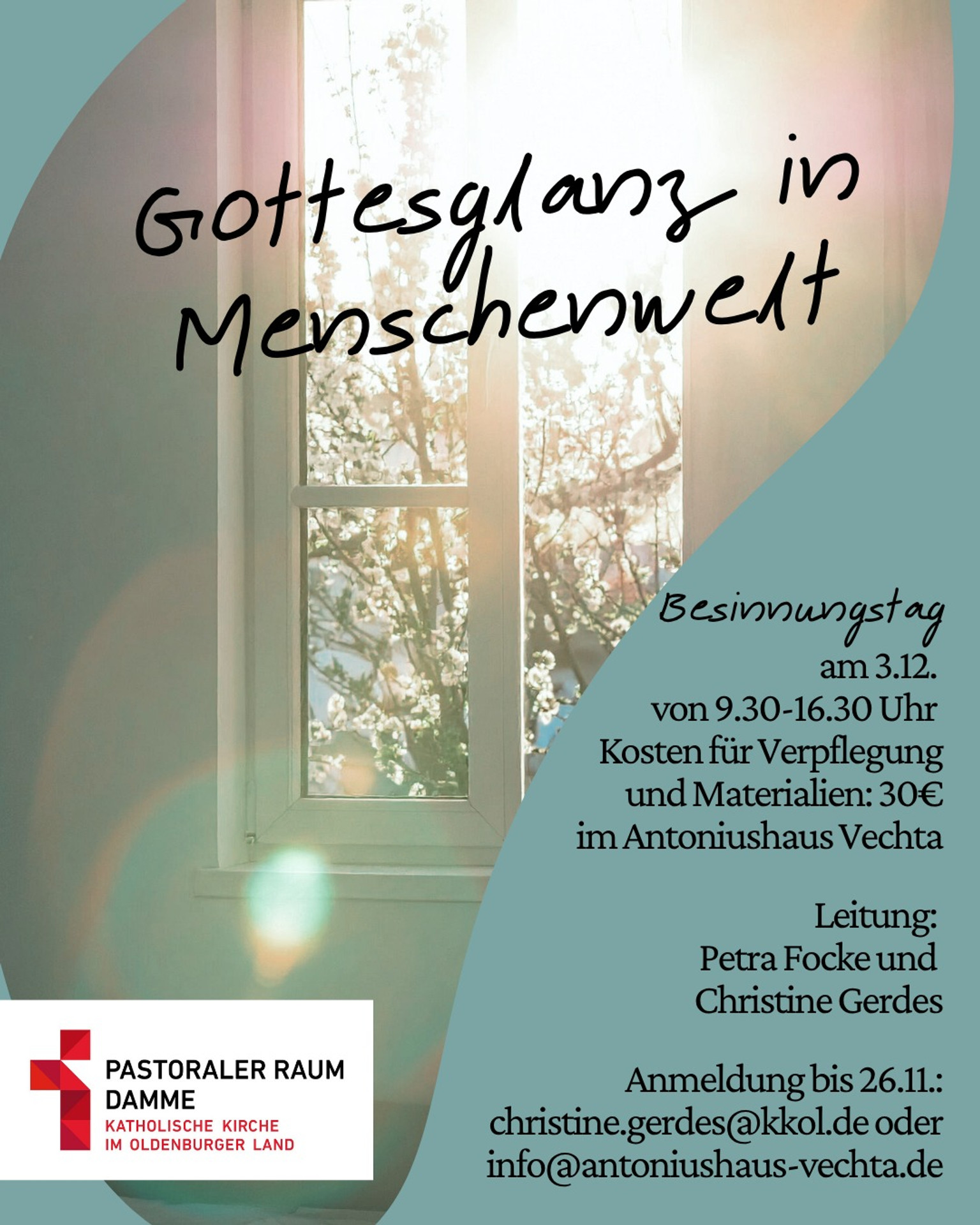 Plakat zur Aktion - mit Informationen. Im Hintergrund ein Fenster, durch das Licht fällt.