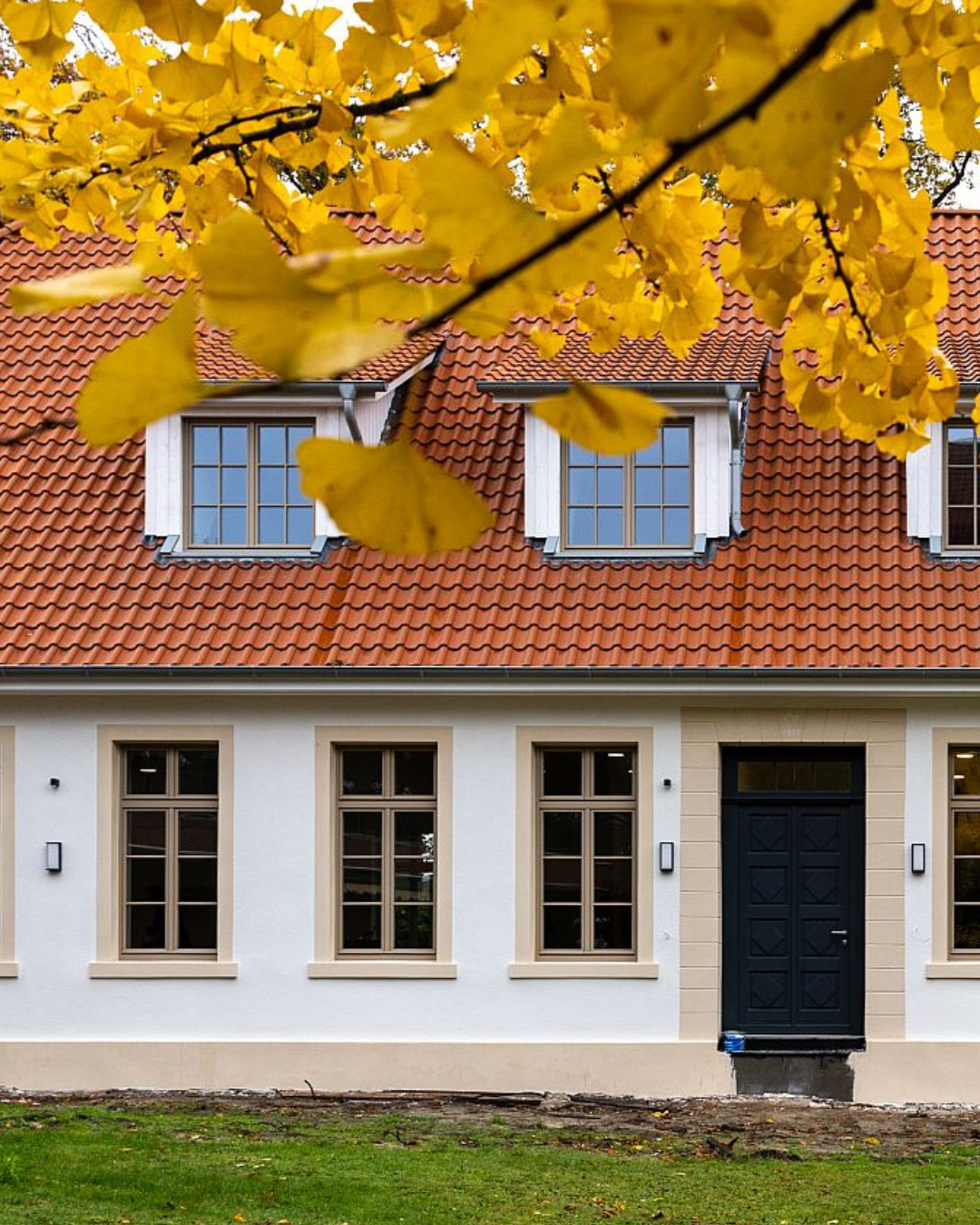 Blick auf den zukünftigen Haupteingang des Alten Pastorats. Auf dem oberen Drittel des Bildes sind gelbe herbstliche Blätter.